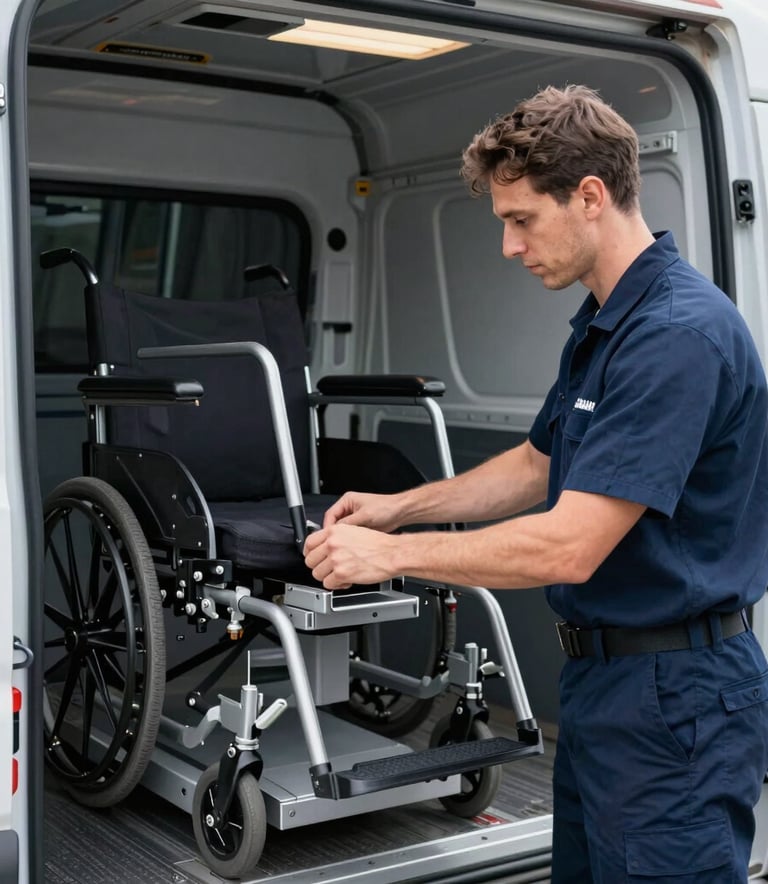 A medium shot of a focused technician in a dark slate blue uniform performing a maintenance check on a wheelchair lift inside a specialized transport vehicle. North American setting. Sharp focus, clean environment, conveying professional expertise and reliability.