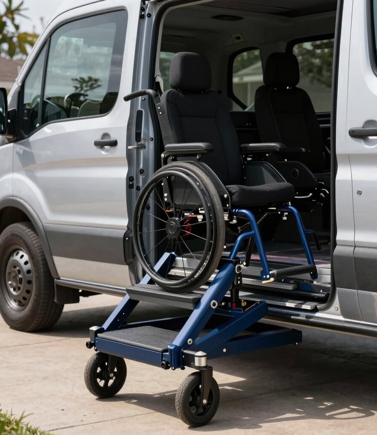 A detailed close-up of a high-tech vehicle wheelchair lift installed in a silver van, parked in a sunny North American / US suburban driveway. The atmosphere is professional and reliable, featuring Slate and Navy Blue metallic details.