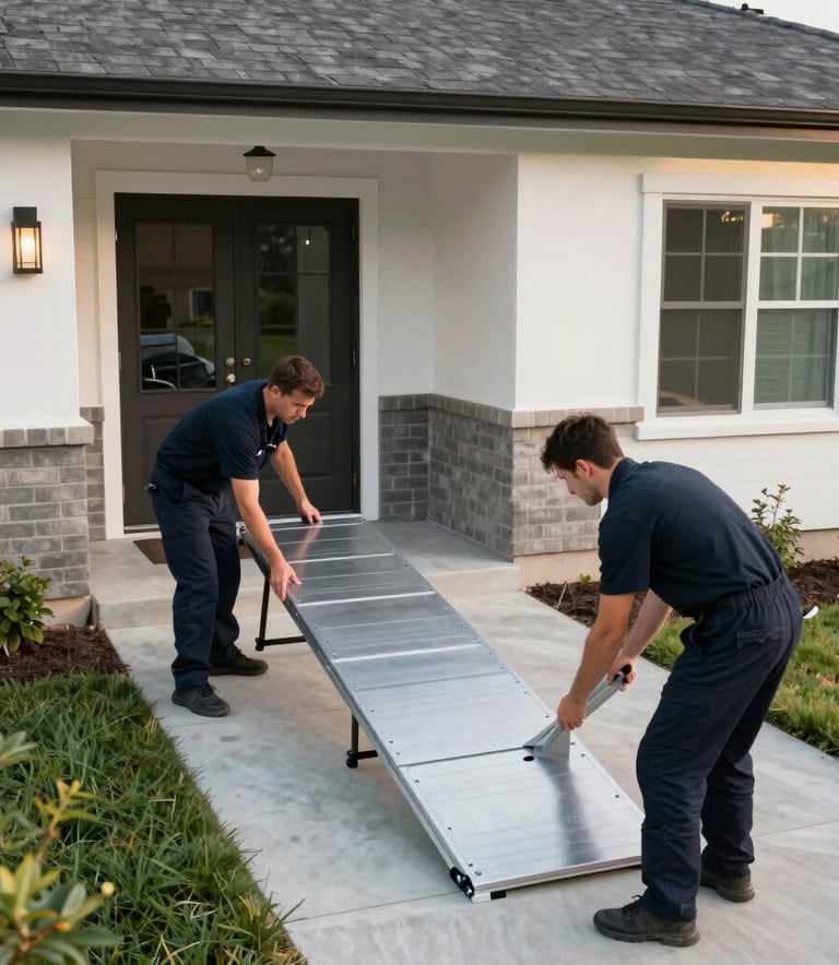 A high-angle, wide shot of two professional technicians in dark navy uniforms installing a clean, metallic modular ramp at the entrance of a modern suburban North American house. Natural morning light, professional and trustworthy atmosphere.