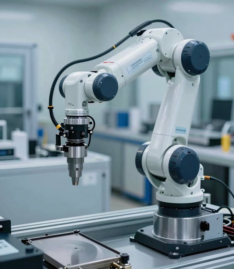 A sharp, high-angle professional photograph of a sophisticated robotic arm operating in a modern industrial setting in the US. The scene features cool lighting, metallic steel blue surfaces, and a clean, forward-thinking aesthetic that conveys high-efficiency automation.