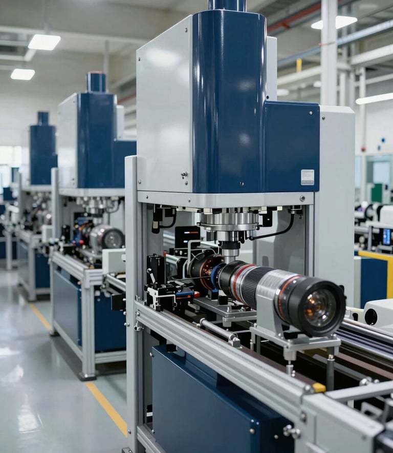 A wide-angle professional photograph of a state-of-the-art automated manufacturing line in a North American facility. The scene is bright and clean, featuring machinery in steel blue and deep navy accents with precise industrial lighting.