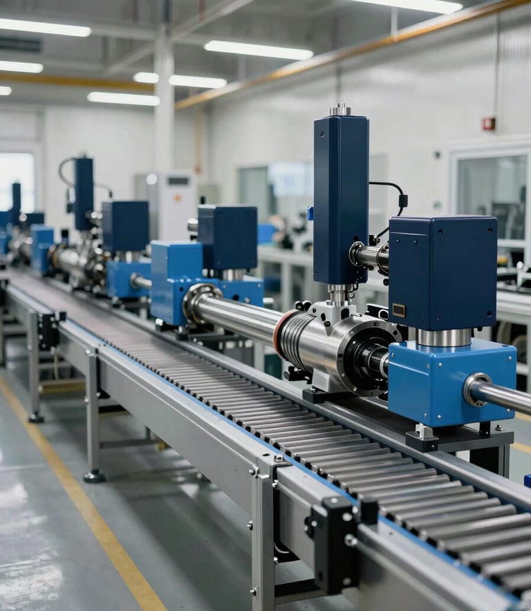 A wide-angle professional photograph of a custom-built automated conveyor system inside a clean, modern North American manufacturing plant. The machinery features polished steel blue and dark navy components. The lighting is crisp and daylight-balanced, emphasizing industrial precision and advanced technology.