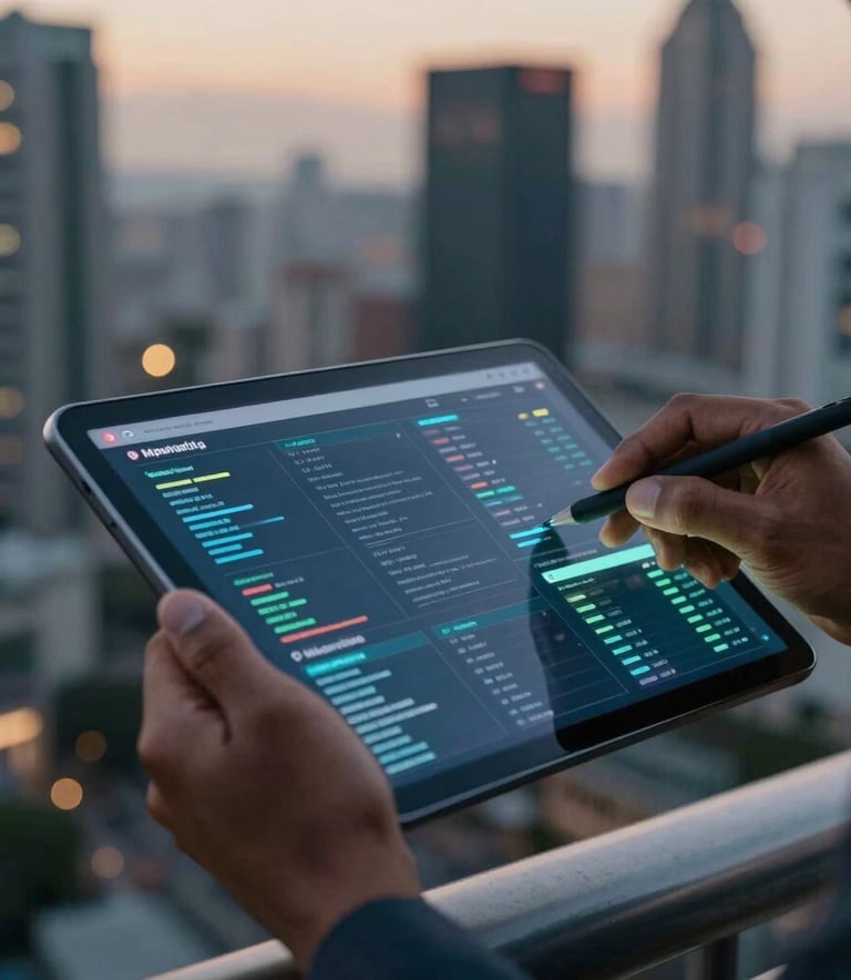 Close up photography of a professional's hands using a high-tech glass tablet displaying marketing data, set against a blurred South Asian tech-hub city backdrop at dusk.