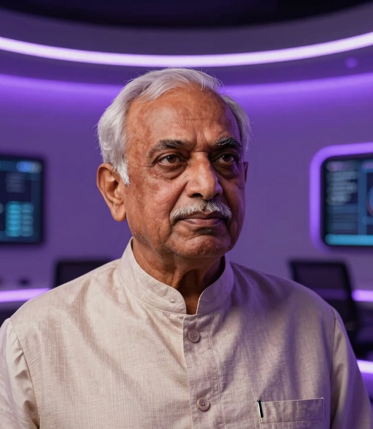 A cinematic portrait of a visionary South Asian / Indian leader in a sleek, modern tech environment with lavender and deep purple light trails in the background.