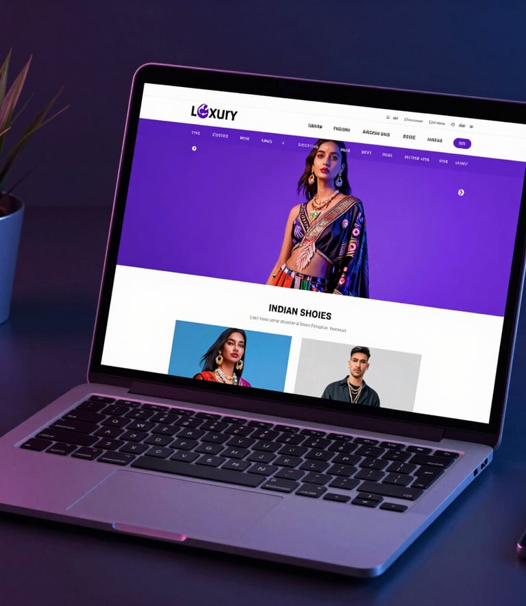 A professional high-end laptop display showing a luxury ecommerce website for Indian fashion, reflecting a vibrant purple and neon blue glow in a glassmorphism workspace.