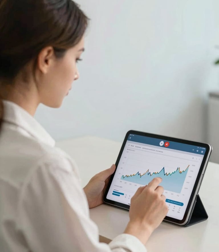 Professional advisor having a remote video consultation, North American setting, reviewing financial charts on a tablet, calm Off-White and Light Blue background, trustworthy and efficient mood.