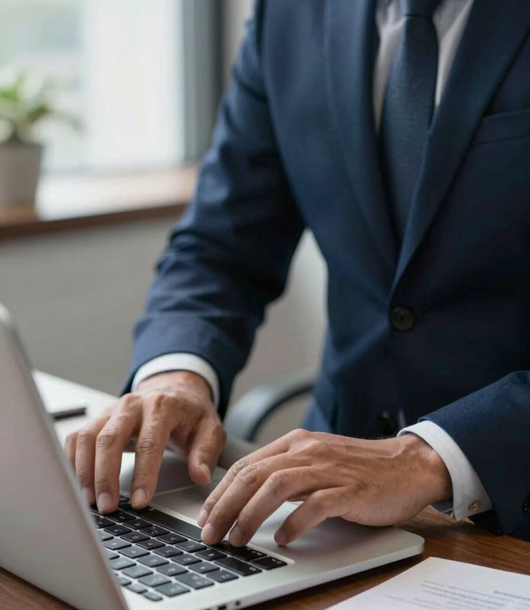 Professional financial consultant analyzing monthly service expenses on a laptop, North American office setting, sophisticated Navy and Blue tones, soft natural lighting.