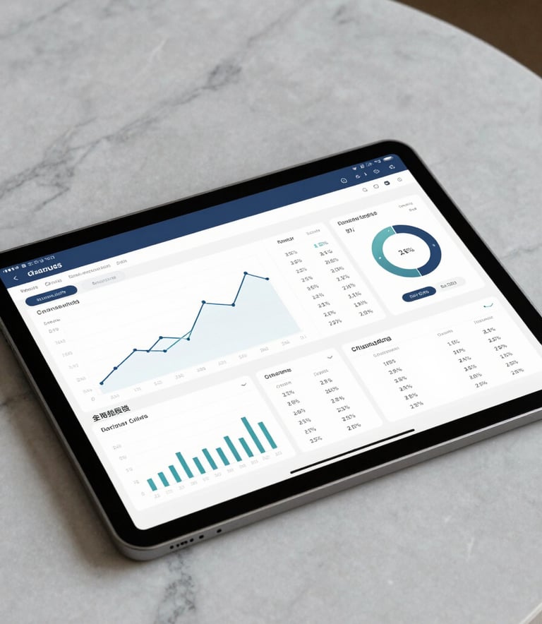 A digital tablet displaying a clean financial dashboard with professional data visualizations, placed on a marble tabletop in a North American / US setting, Dark Blue and Off-white palette.