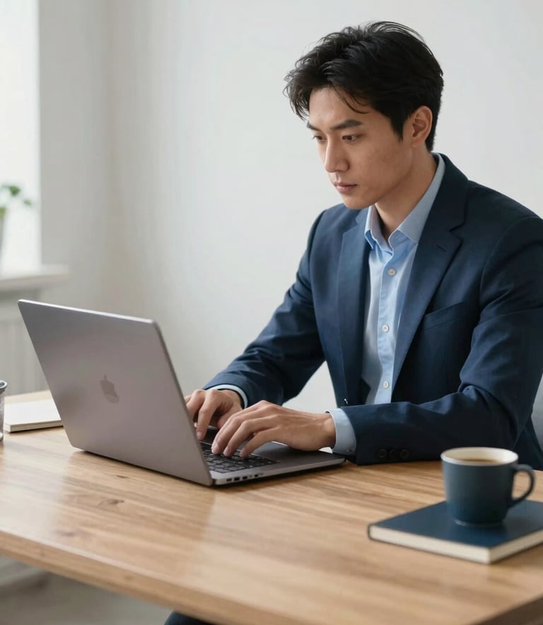 A professional working on a sleek laptop at a clean, minimalist wooden desk in a bright North American / US home office, sophisticated atmosphere with Dark Blue and Light Blue decor accents.