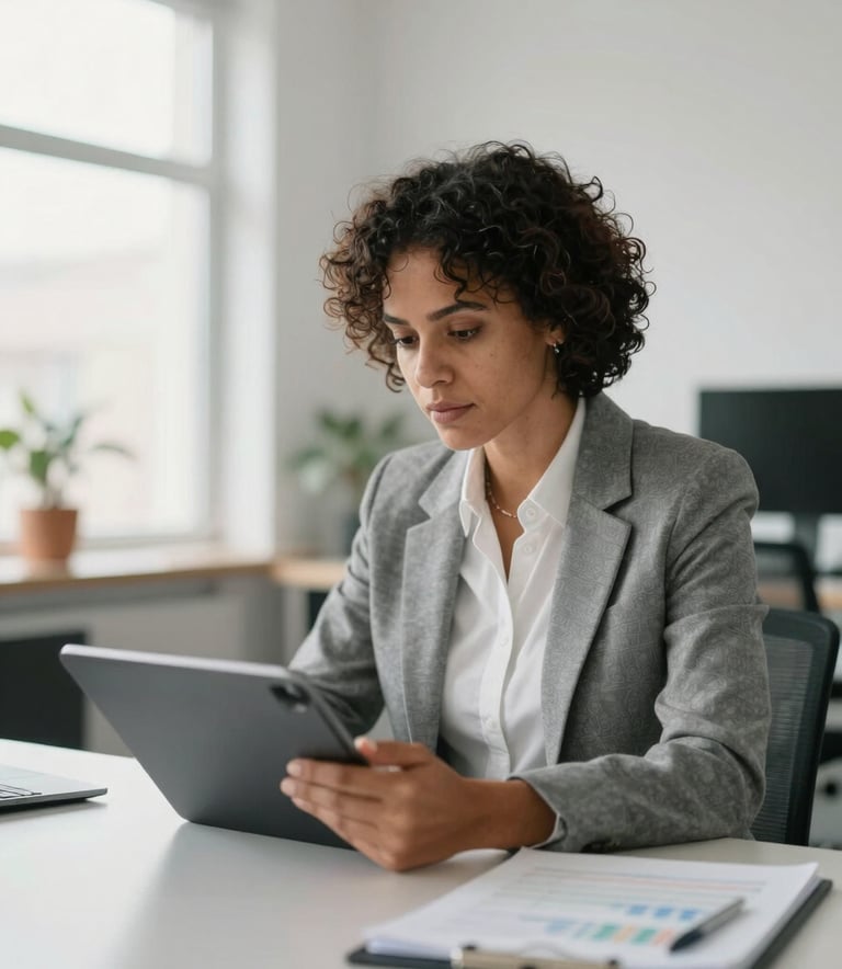 A focused professional person working in a bright, modern office with minimalist decor, using a tablet to analyze data, professional attire, soft natural lighting, Global / Francophone, emphasizing confidence and progress.