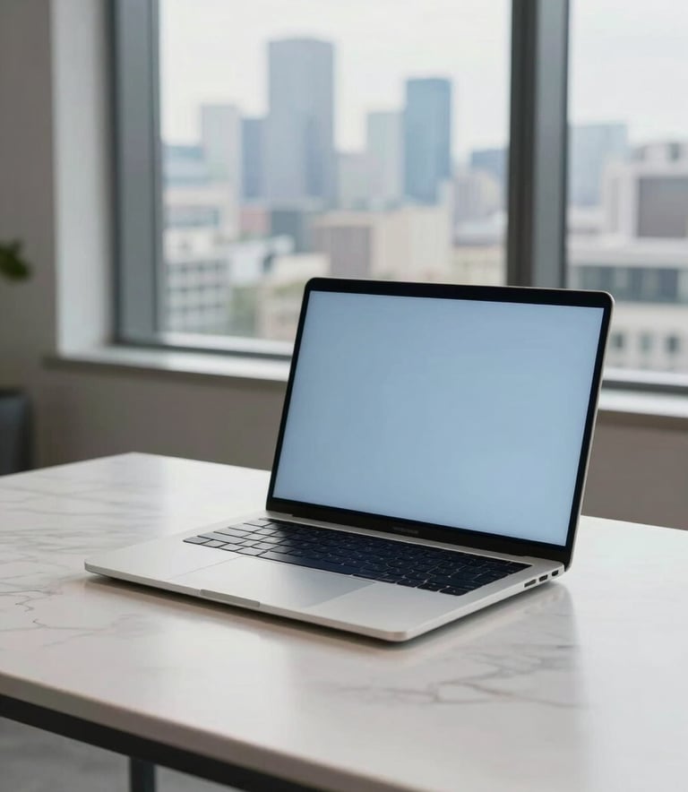 A high-end, sleek laptop sitting on a minimalist white marble desk, soft morning light filtering through a large window, a view of a modern urban skyline in the distance, Global / Francophone style, sophisticated and professional atmosphere with tones of light blue and off-white.