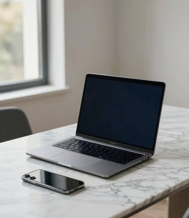 Un espace de travail minimaliste et luxueux comprenant un ordinateur portable haut de gamme et un smartphone sur un bureau en marbre. Lumière naturelle douce, atmosphère de progrès et d'expertise, tons Soft White et Dark Navy Blue. Style Global / Francophone.