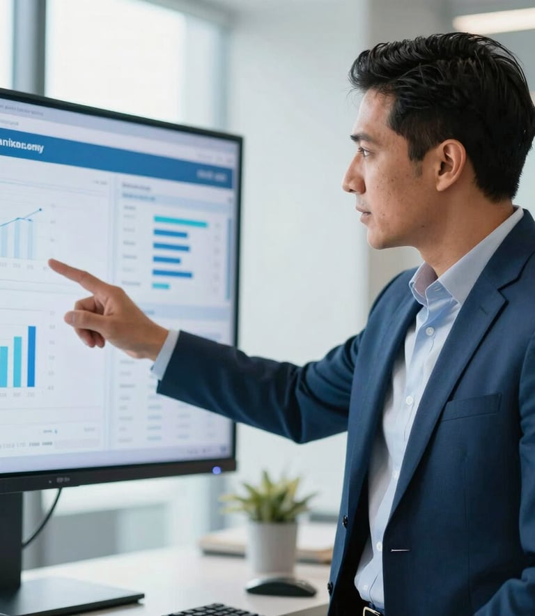 A professional Latinoamericano business consultant in a bright office environment, pointing at a screen showing business data. The lighting is clean and modern, with soft blue and white tones in the background to convey technological sophistication.