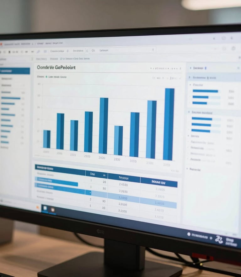 A close-up photograph of a modern computer monitor displaying a clean administrative dashboard with bar charts and data tables in shades of dark blue and light blue, set in a professional office in Latinoamericano region.