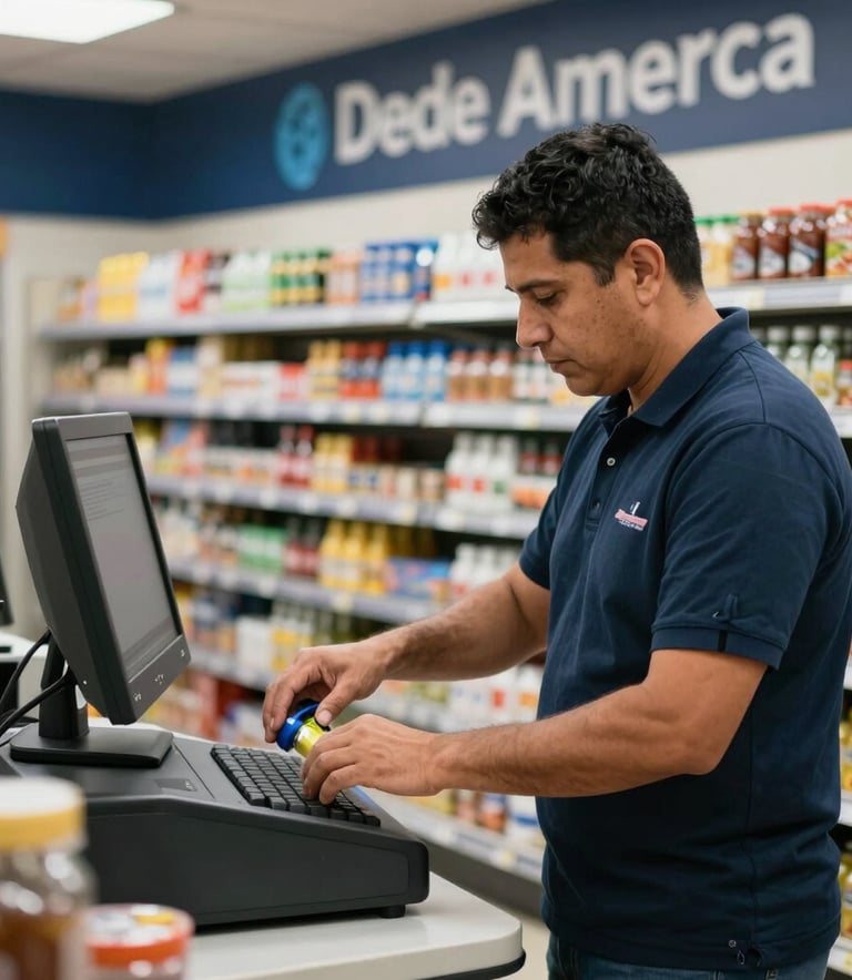 A Latinoamericano merchant in a well-organized minimarket scanning products at a modern checkout counter, natural lighting, focused on precision and technology, dark blue branding accents.