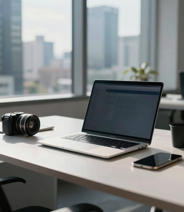 A sleek, professional photography shot of a modern office desk in a Latinoamericano commercial district. A clean workspace with a laptop and digital device, illuminated by cool morning light, symbolizing precision and technological growth.