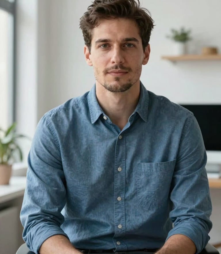 A professional portrait of a confident web designer in a Slate Blue shirt, sitting in a bright, modern studio with soft natural lighting and a minimalist background.