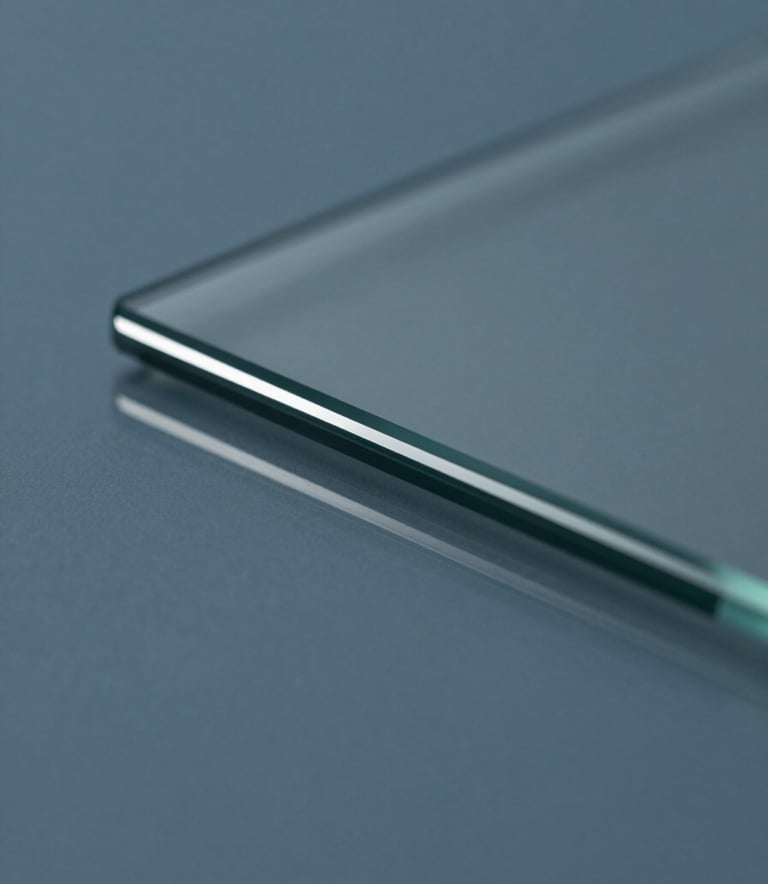 Macro shot of a clean glass surface reflecting a muted slate blue studio environment. Sharp focus on light reflecting off a polished edge, symbolizing clarity and precision. Sophisticated and minimalist composition.