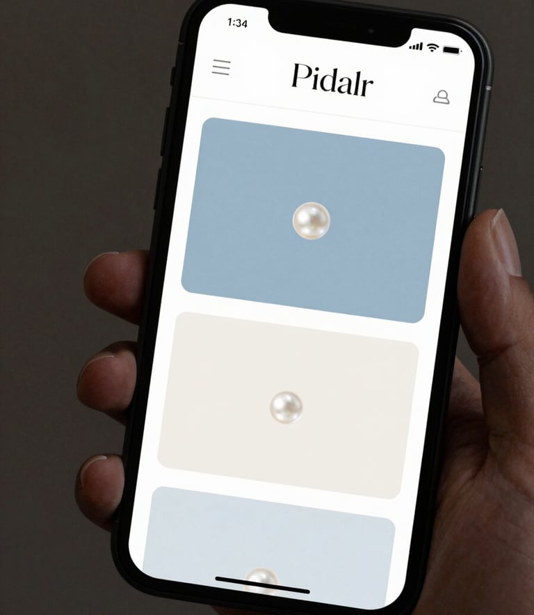 A close-up of a modern smartphone held in a hand, displaying a sleek, minimalist website interface with Pearl White and Dusty Sky Blue accents.