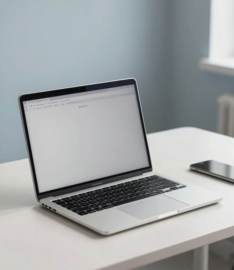 A professional minimalist workspace with a sleek laptop on a clean off-white desk. Soft silver blue accents in the background. Bright, natural lighting coming from the side, creating a professional and trustworthy atmosphere.