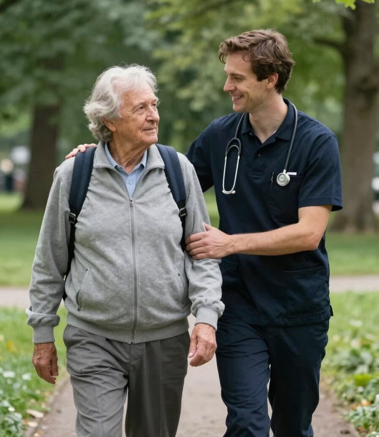Photography of a friendly assistant accompanying an elderly person for a walk in a lush green Northern European / Dutch park. The mood is supportive and professional, featuring soft natural light.
