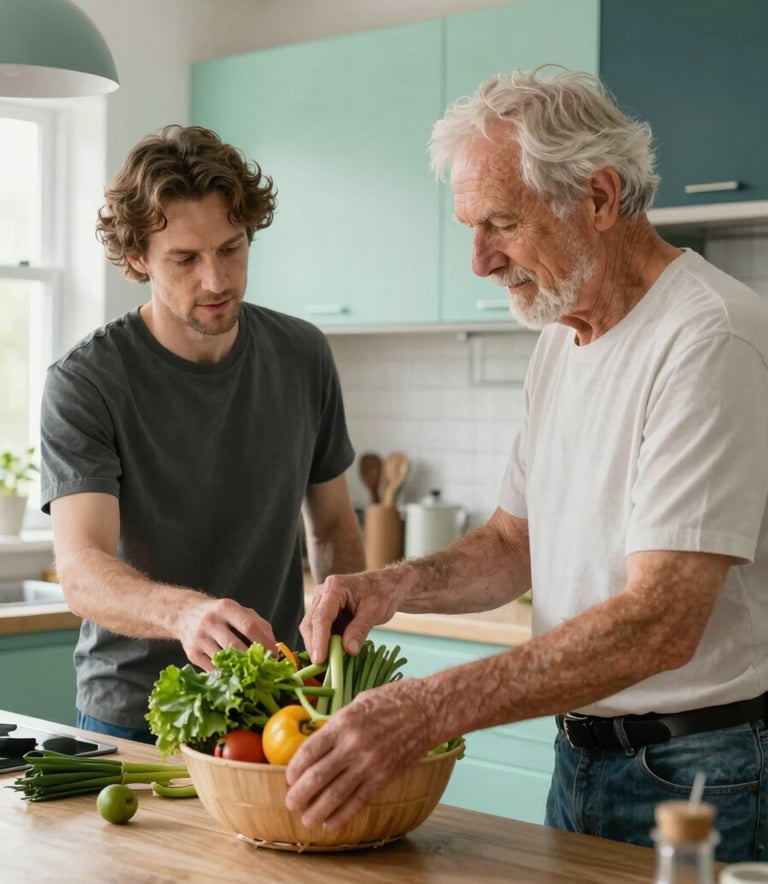 Photography of a professional in casual attire helping an elderly person organize groceries in a bright Northern European / Dutch kitchen. The lighting is soft and natural, with hints of mint green and dark teal in the kitchen accessories.