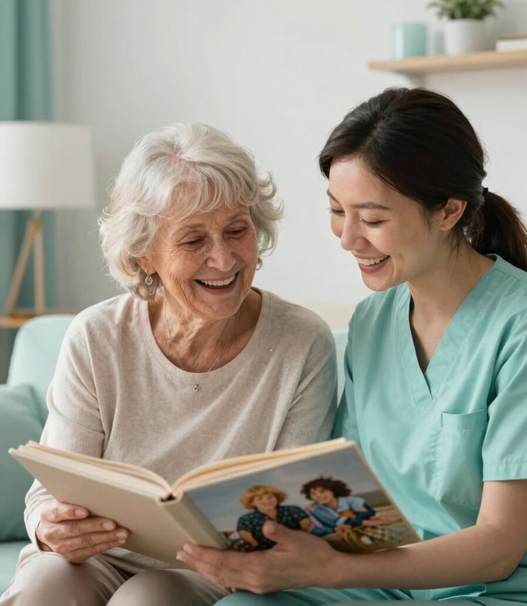 A warm and friendly scene of a caregiver and an elderly woman sharing a laugh while looking at a photo album in a bright, modern Northern European / Dutch living room with soft aqua white walls and mint green accents.