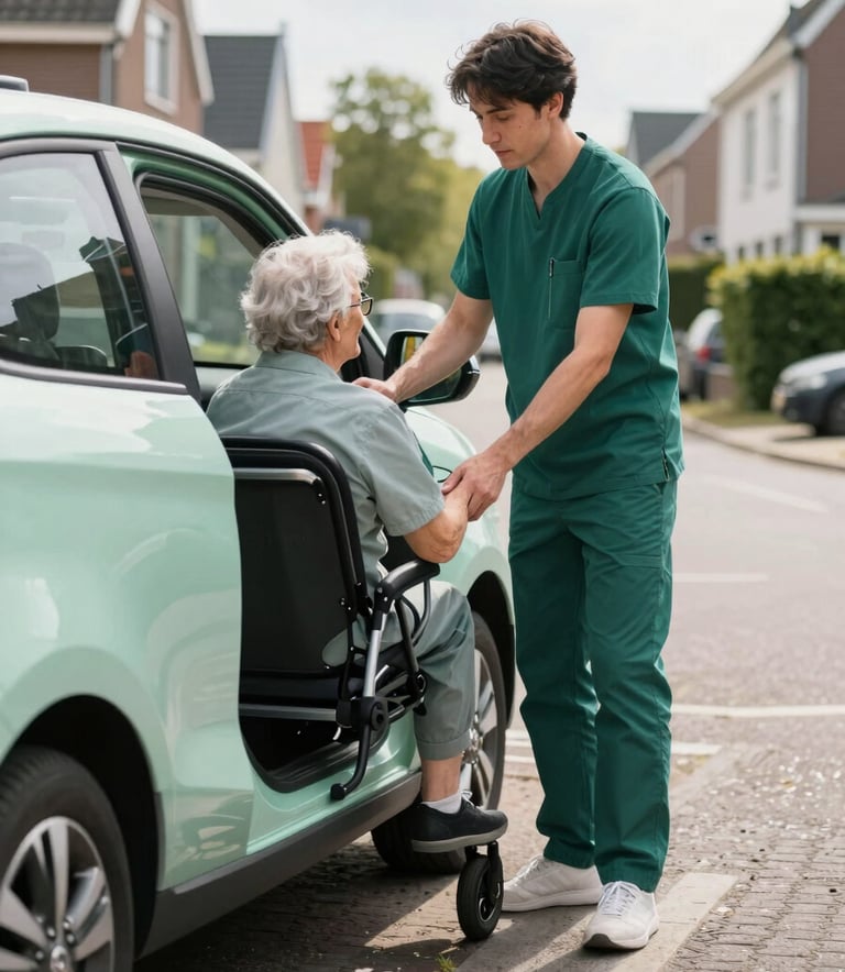 A reliable caregiver in modern casual attire assisting an elderly person into a comfortable car parked on a quiet Northern European / Dutch residential street. The scene is bright and professional, featuring soft mint green and deep sea green colors in the environment.
