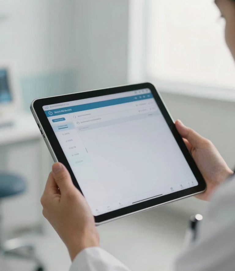 Close-up photography of a medical professional in a North American clinical setting holding a sleek tablet showing a clean interface, soft morning light, professional atmosphere.