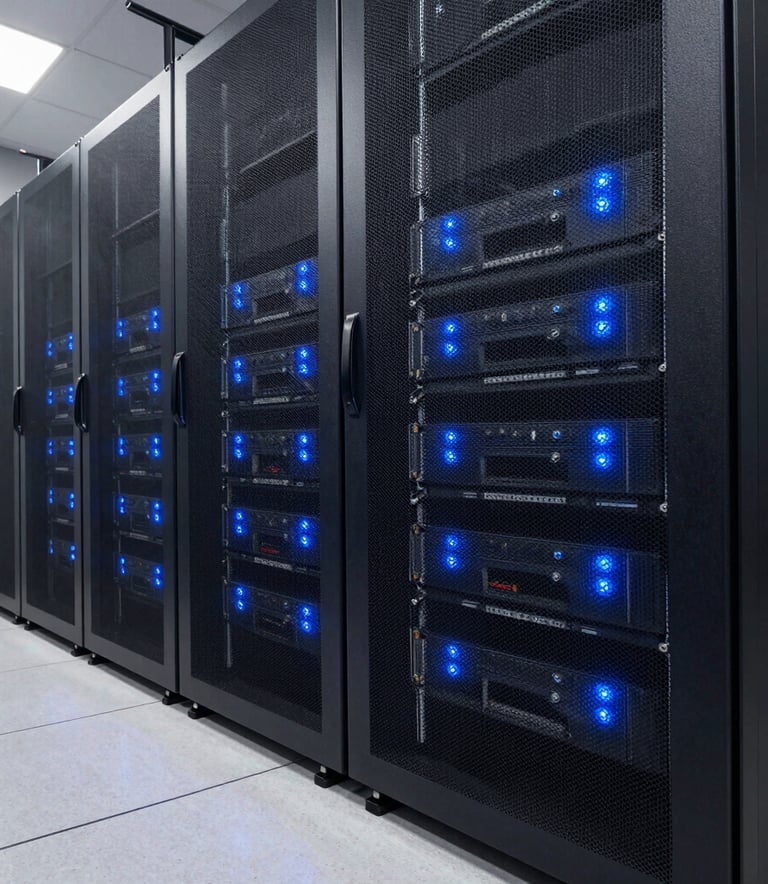 Clean, wide-angle photography of a secure, modern server room in the US, with glowing medium blue indicators and a sense of high-tech efficiency.