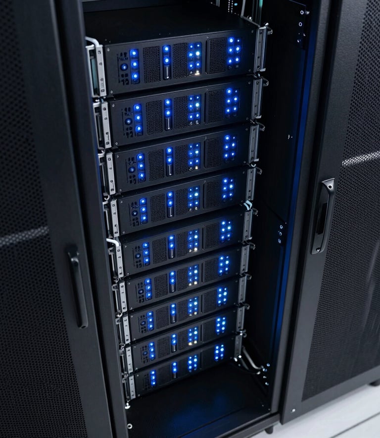 High-angle photography of a pristine, high-tech server room in a North American facility, with glowing dark blue and light blue LED indicators on sleek black hardware, emphasizing data security and advanced infrastructure.