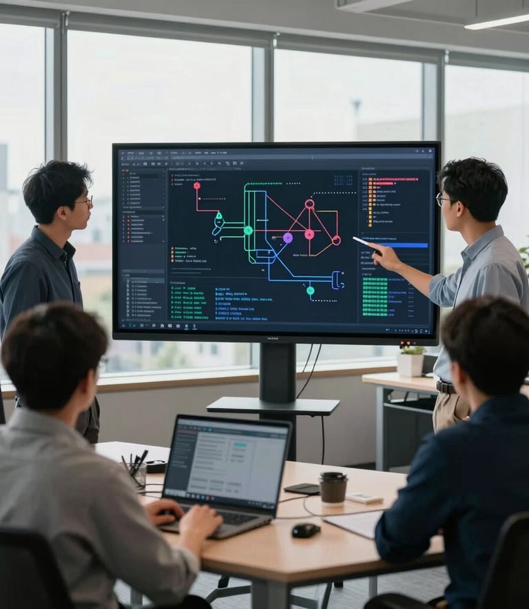 A collaborative team of software engineers in a modern, open-plan North American office reviewing complex medical software architecture on a large screen, daylight from large windows, professional atmosphere.