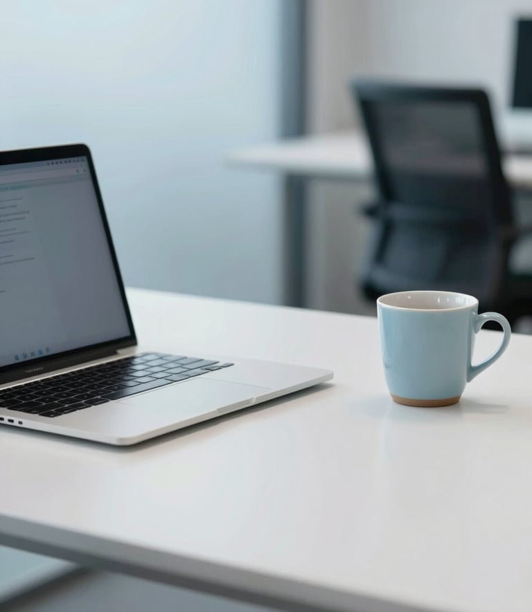 A sleek, minimalist desk in a bright North American / US agency environment, featuring a modern silver laptop and a ceramic cup, Soft Sky Blue and Cool Mist White color palette, professional depth of field photography.