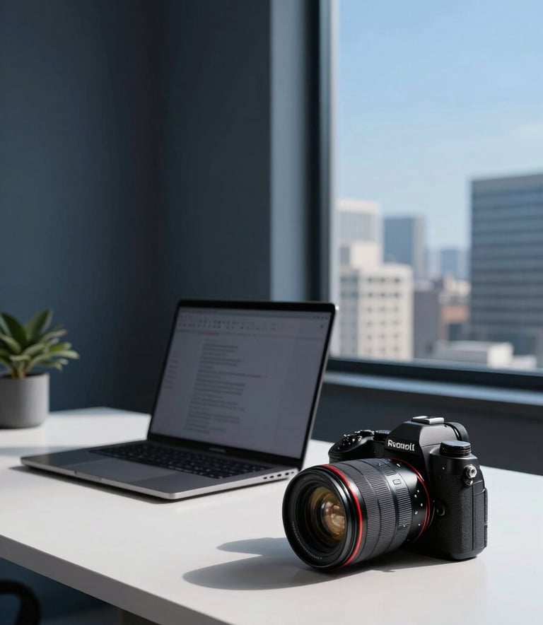 A clean, modern workspace in a North American / US city loft. A minimalist desk features a laptop and a high-end camera, representing digital marketing and content creation. The color palette includes deep charcoal blue shadows and bright sky blue highlights. High-end professional photography style.