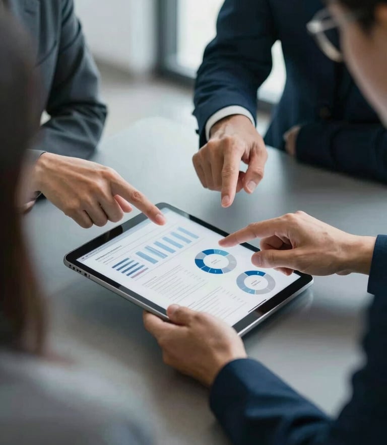 A close-up of a collaborative strategy session between professionals in a modern North American / US office, hands pointing at a tablet screen displaying clean analytic design layouts, Muted Steel Blue and Dark Slate Navy color tones, soft natural lighting.