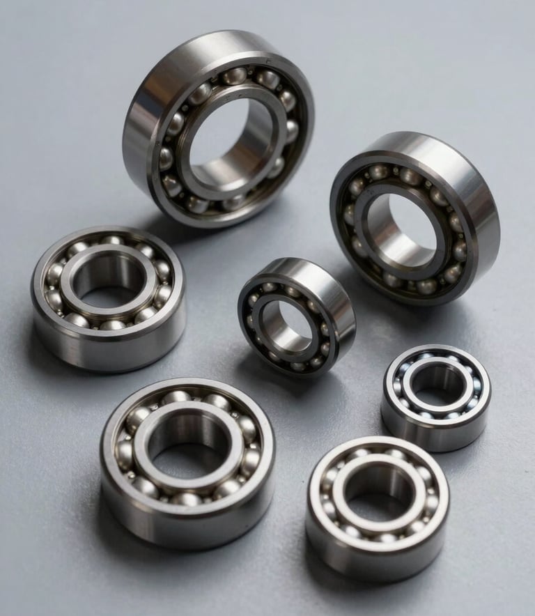 A top-down, minimalist studio shot of several high-precision industrial bearings of different sizes arranged on a smooth Cloud Gray surface. The lighting is sharp, highlighting the metallic texture and Steel Blue reflections on the steel surfaces, conveying professionalism.