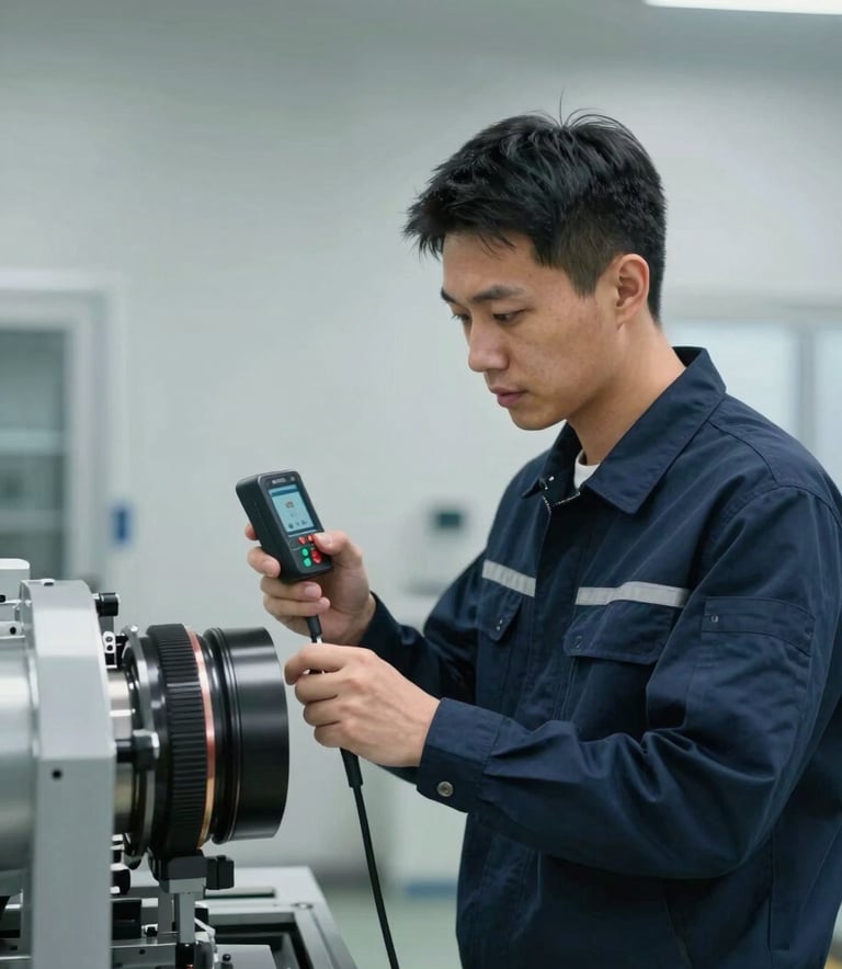 A professional East Asian / Chinese engineer wearing a clean, modern navy uniform, inspecting a large mechanical component with a digital measurement tool inside a bright, clean industrial facility with Cloud Gray walls.