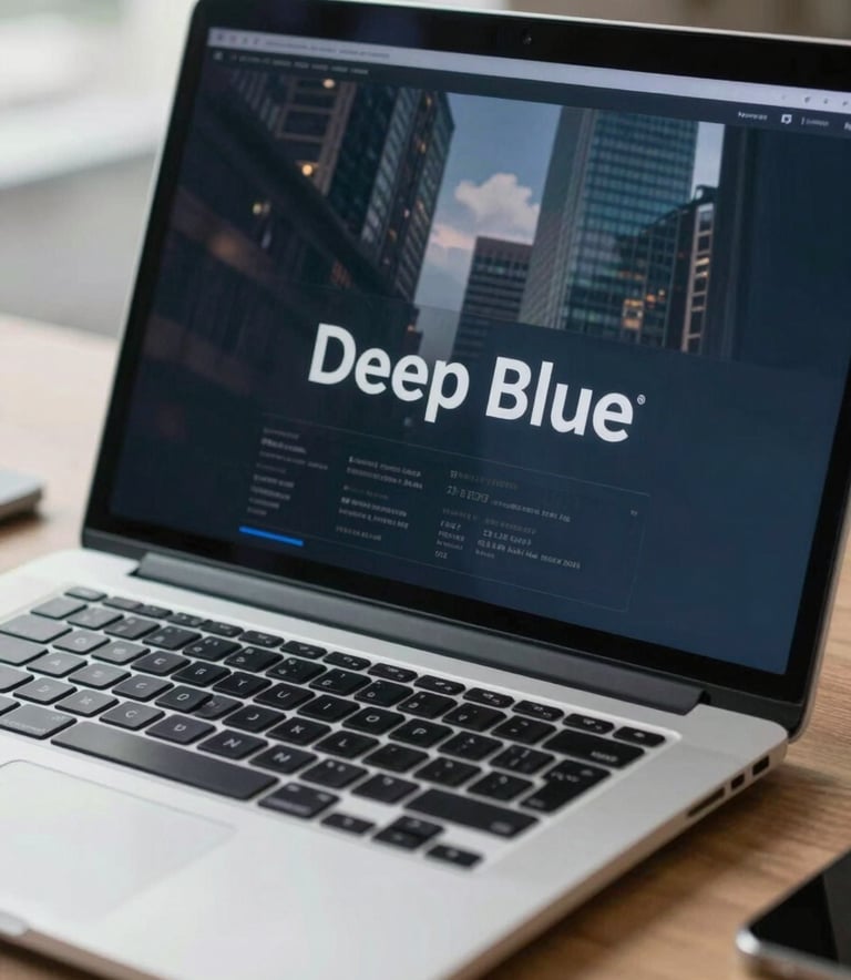 Close-up of a high-end, secure digital workspace in a North American / US financial district, featuring a professional laptop and Deep Blue stationary, reflecting authority and precision.