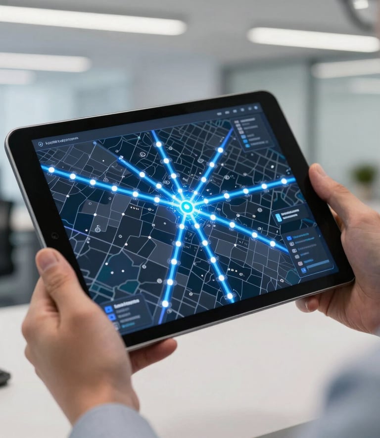 A close-up of a high-tech digital tablet showing a logistics map with glowing blue routes, held by a professional in a modern international office setting, bright and clean lighting.