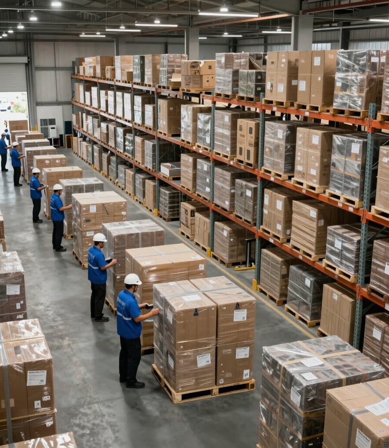 An expansive, modern logistics warehouse with organized packages and workers in professional blue attire, soft white lighting, international setting.