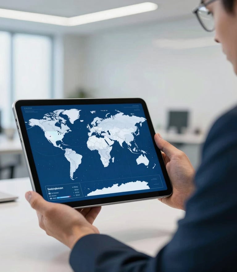 A professional in a bright, modern office using a high-tech tablet to monitor global shipping routes. The setting is international with clean lines and soft lighting, incorporating deep blue accents.