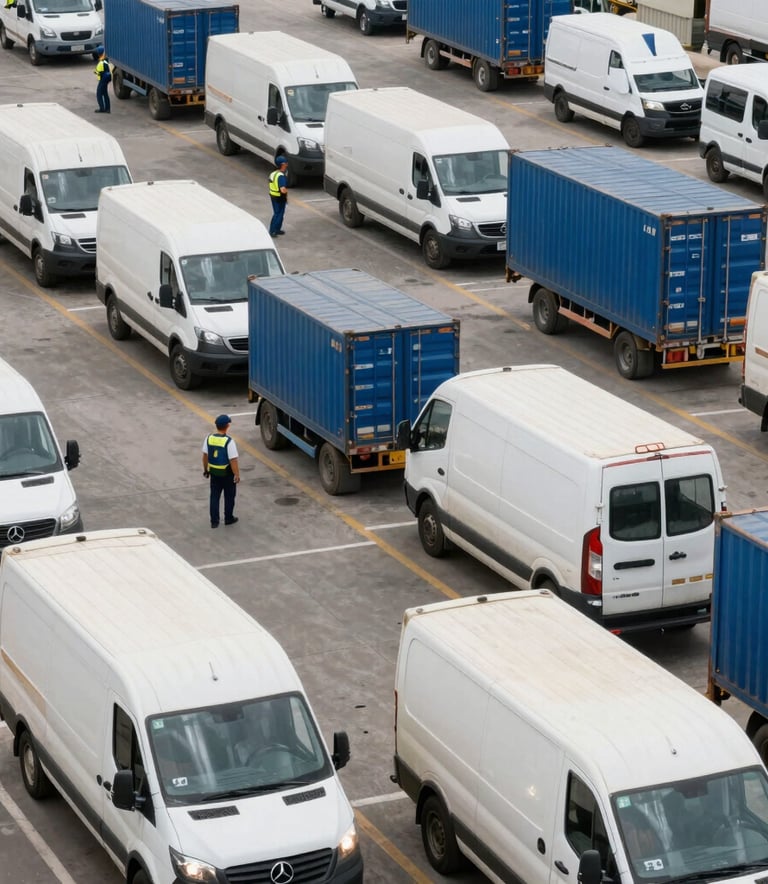 Wide shot of a bustling logistics hub with organized workers and various transit vehicles. The atmosphere is efficient and orderly, featuring a palette of off-white and medium blue, international context.