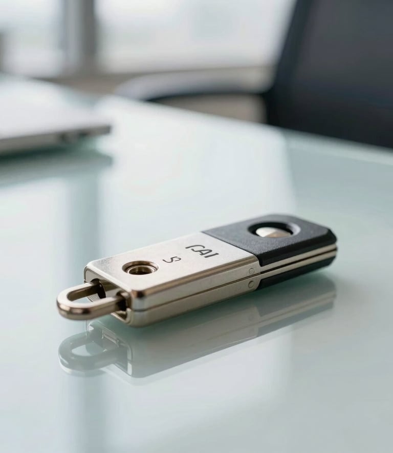 Macro photography of a modern encrypted hardware security key lying on a clean glass desk in a bright US corporate office, soft morning light, bright blue and off-white color palette.