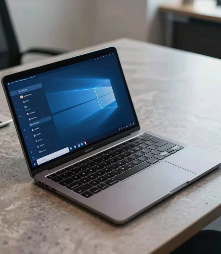 A high-detail photography shot of a sleek, dark-finished laptop on a polished stone desk in a modern North American office, the screen displaying a secure blue interface.