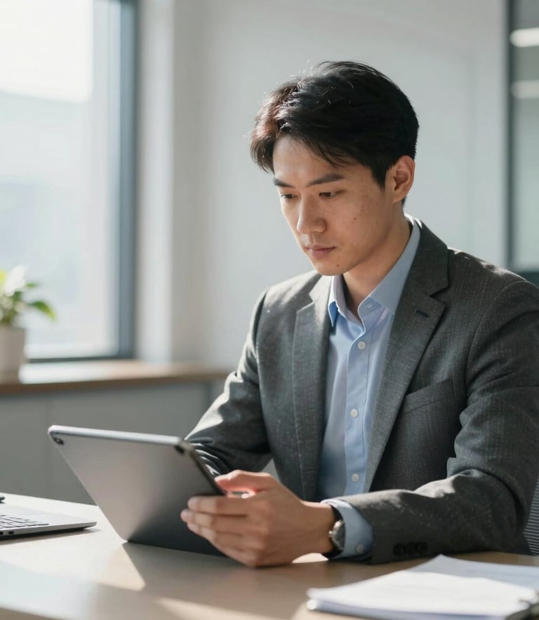 A professional analyst in business attire working in a sunlit North American office, focusing on a tablet with a background of soft grays and blues.
