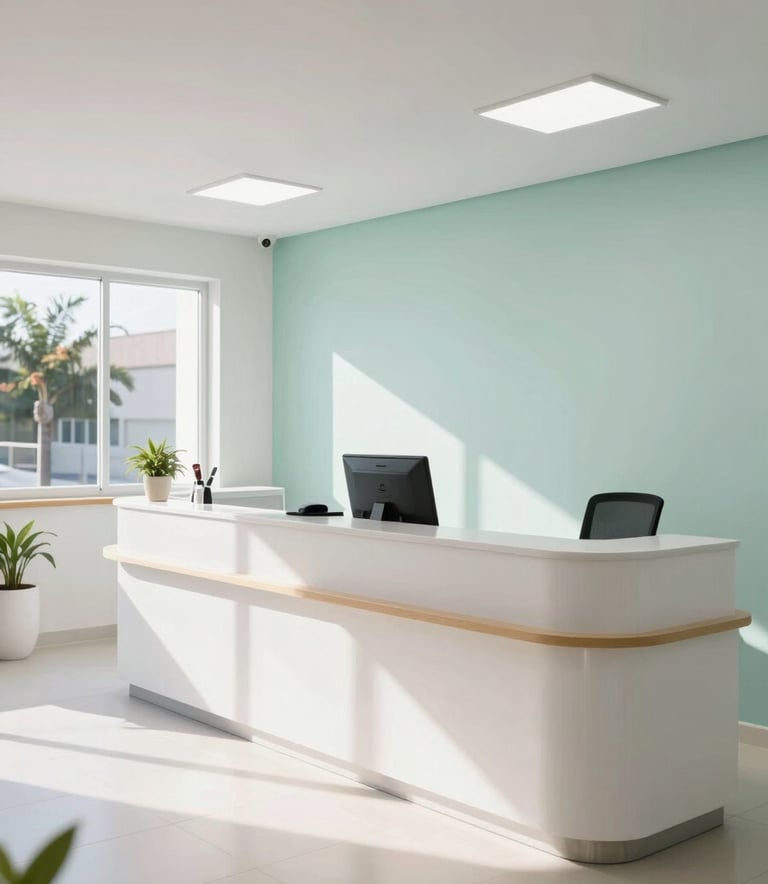 A wide shot of a contemporary Brazilian healthcare center reception, clean white and pale mint walls, professional atmosphere, natural morning light.