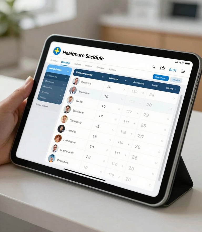 Close-up of a professional tablet screen displaying a modern healthcare schedule and patient dashboard, in a bright South American medical office, warm natural lighting, professional and clean environment.
