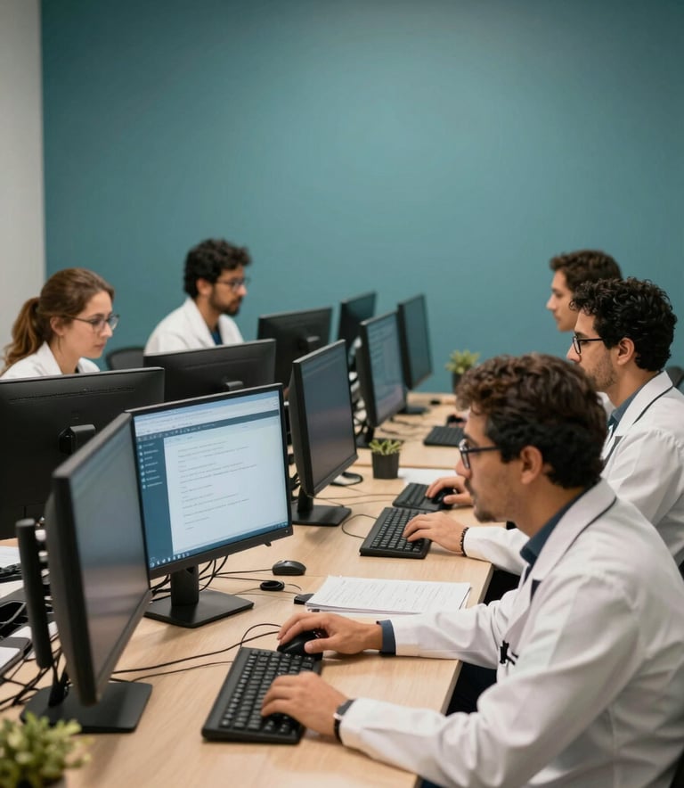 Wide shot of a modern, collaborative workspace in Brazil where health specialists work at desks with multiple monitors, focused and professional atmosphere, medium teal wall colors.