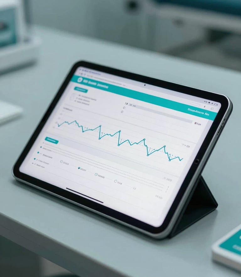 A close-up of a tablet displaying a clean medical interface with health charts, placed on a modern desk in a South American / Brazilian clinic, soft turquoise and teal lighting.