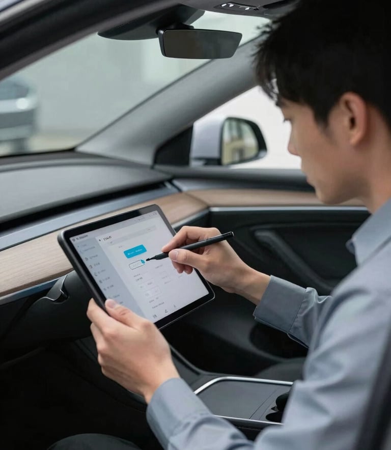 A side view of a modern car interior where a technician connects a tablet-like programming tool to the dashboard. The atmosphere is professional and tech-focused, with lighting that emphasizes soft white and slate blue highlights on the equipment.